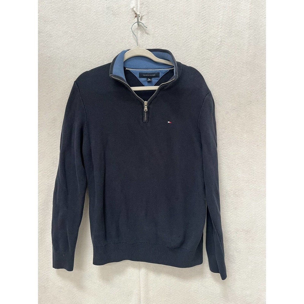 TOMMY HILFIGER Cotton Knit Quarter Zip Pullover Sweatshirt Navy Blue MENS M